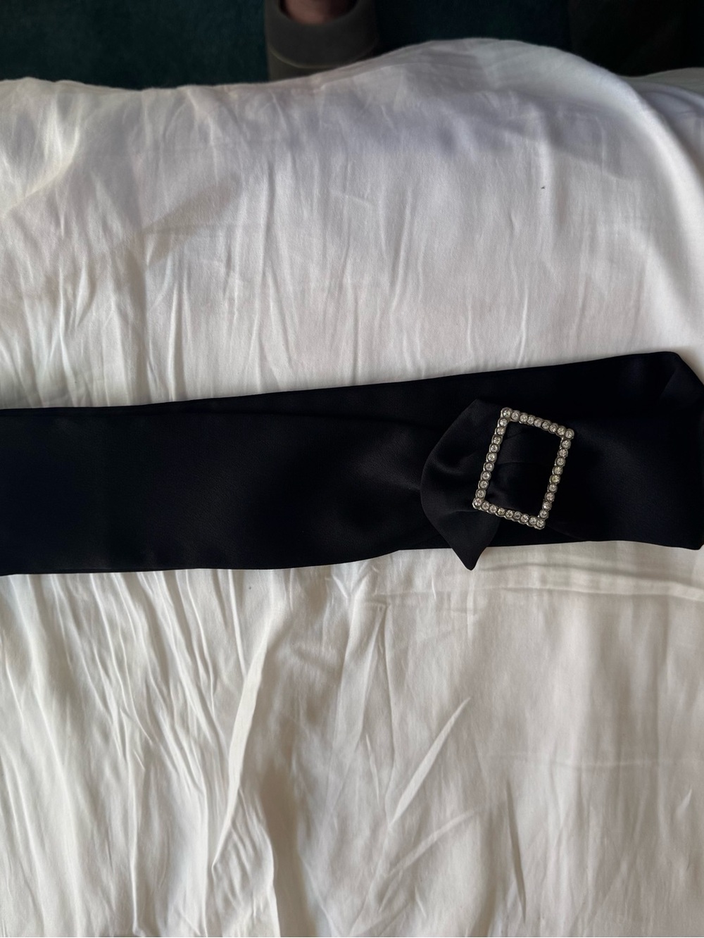 Womenโs Black Satin Ribbon Belt with Crystal Buckle